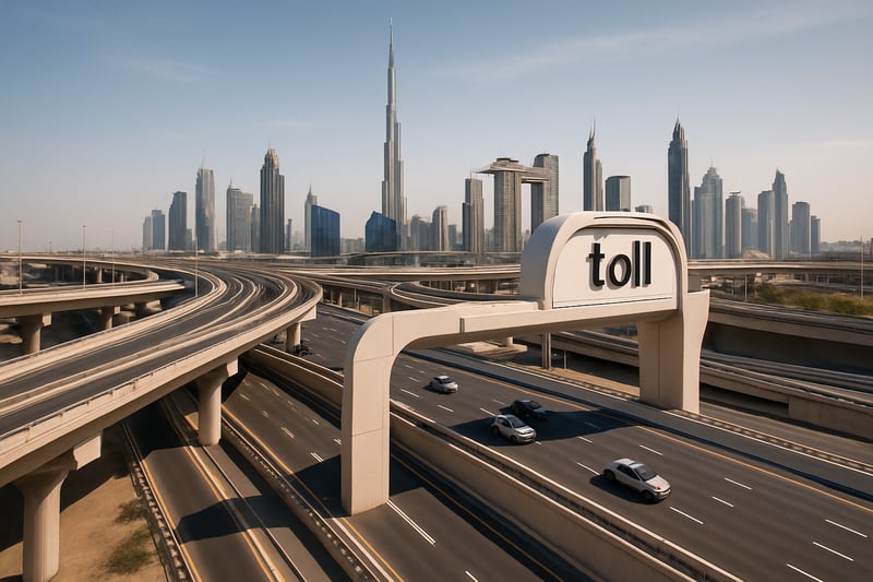 Dubai toll road infrastructure with city skyline Dubai toll road infrastructure with city skyline