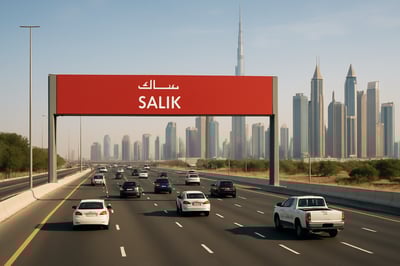 Dubai toll road with Salik gate and city skyline Dubai toll road with Salik gate and city skyline